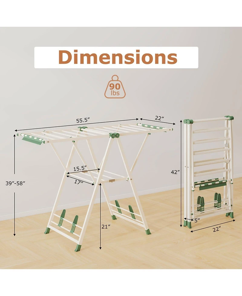 Ecooso Clothes Drying Rack with Height-Adjustable Wings, Folding Laundry