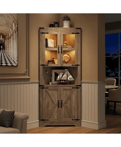 gaomon 67" Farmhouse Wooden Corner Storage Cabinet with Lights & Glass Doors