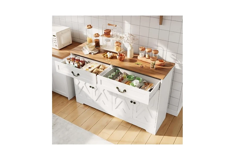 gaomon 57" White Farmhouse 4-Door Sideboard with 2 Drawers