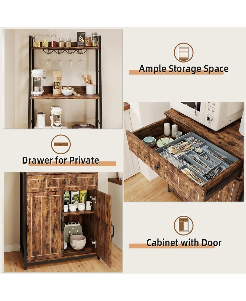 Gaomon Industrial Tall Kitchen Storage Baker Rack with Drawer and Cabinet