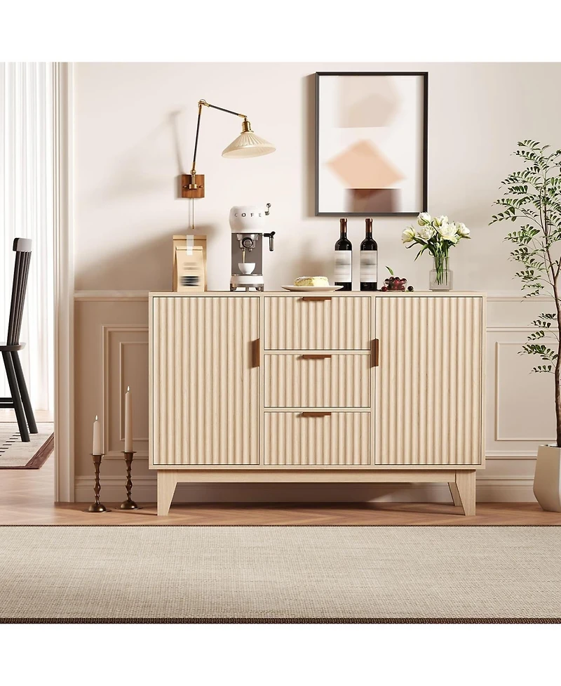 gaomon 47.2" Modern Fluted Sideboard Buffet Cabinet, Wooden Storage Cabinet with 3 Drawers, 2 Doors & Adjustable Shelves.
