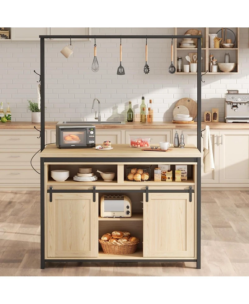 gaomon 42" Rustic Wood Kitchen Island with Power Outlet, Sliding Barn Door Coffee Bar, 9 Hooks