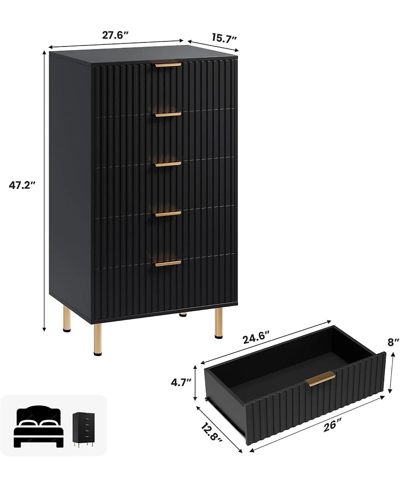 gaomon 5 Drawer Tall Bedroom Dresser with Fluted Design & Gold Legs, Large Storage Chest