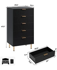 gaomon 5 Drawer Tall Bedroom Dresser with Fluted Design & Gold Legs, Large Storage Chest