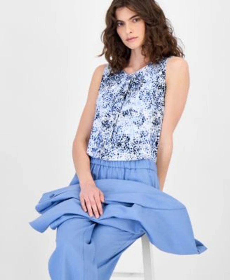 Anne Klein Womens Linen Blend One Button Blazer Asymmetric Pleated Top Ankle Pants