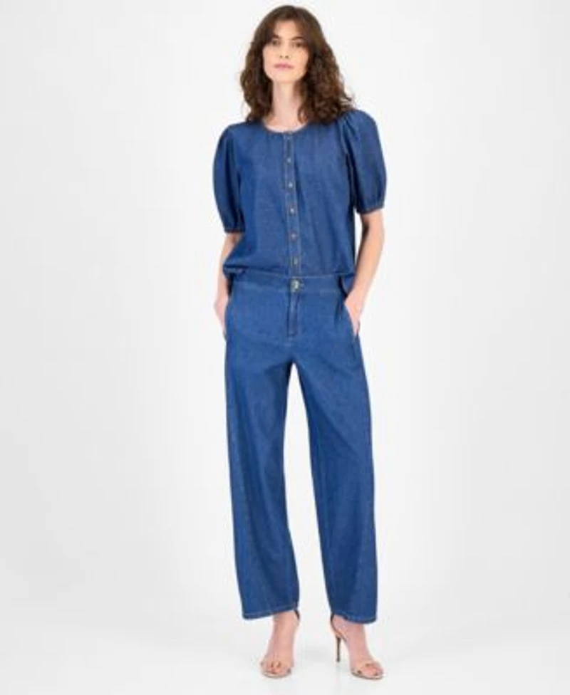 Anne Klein Womens Cotton Gathered Denim Blouse Cotton High Rise Wide Leg Jeans