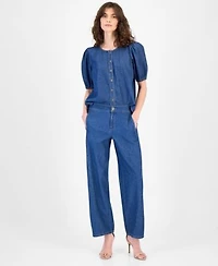 Anne Klein Womens Cotton Gathered Denim Blouse Cotton High Rise Wide Leg Jeans