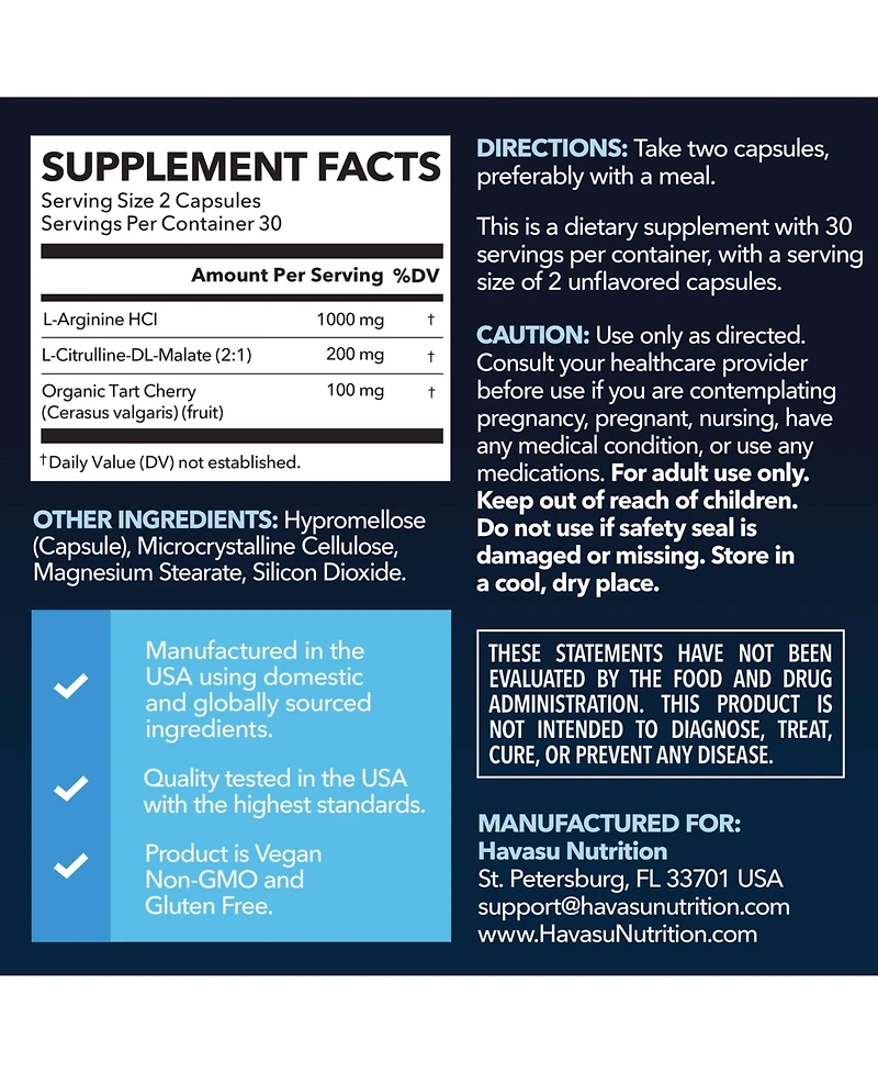 L-Arginine Capsules for Men's Stamina, Endurance & Performance, Havasu Nutrition, 60ct