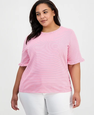 Jones New York Plus Size Striped Ruffle-Sleeve Tee