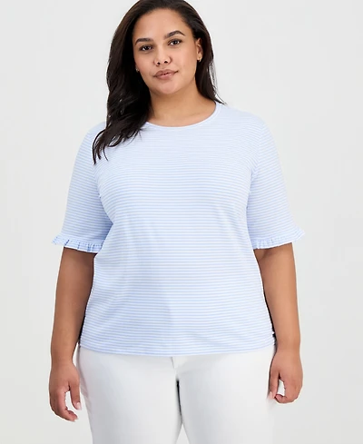 Jones New York Plus Striped Ruffle-Sleeve Tee