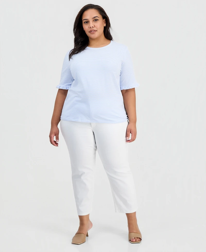 Jones New York Plus Striped Ruffle-Sleeve Tee