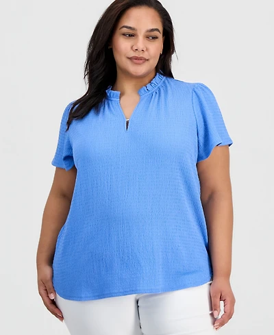 Jones New York Plus Crinkled Flutter-Sleeve Top
