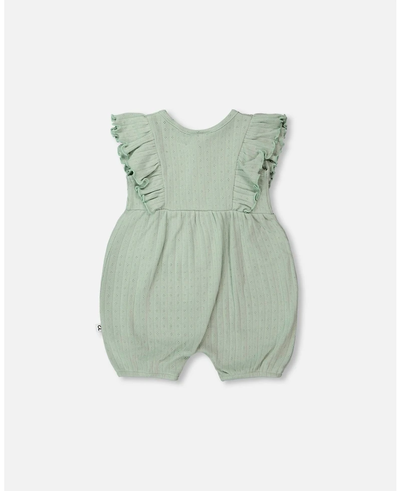 Deux par Baby Girl Cotton Pointelle Jersey Romper with Frills Green