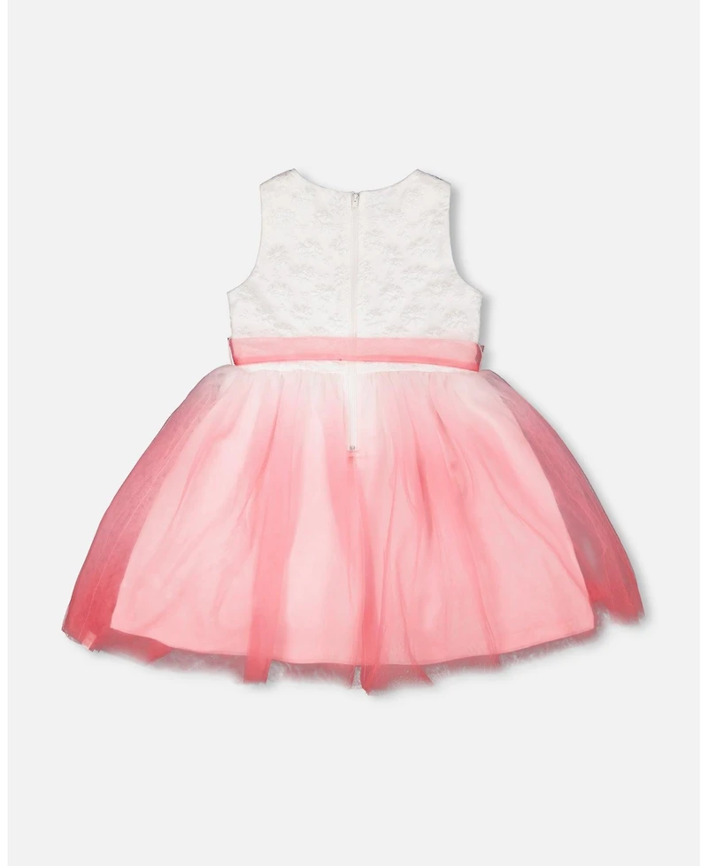 Deux par Big Girls Bi-Material Pleated Mesh Dress White and Pink