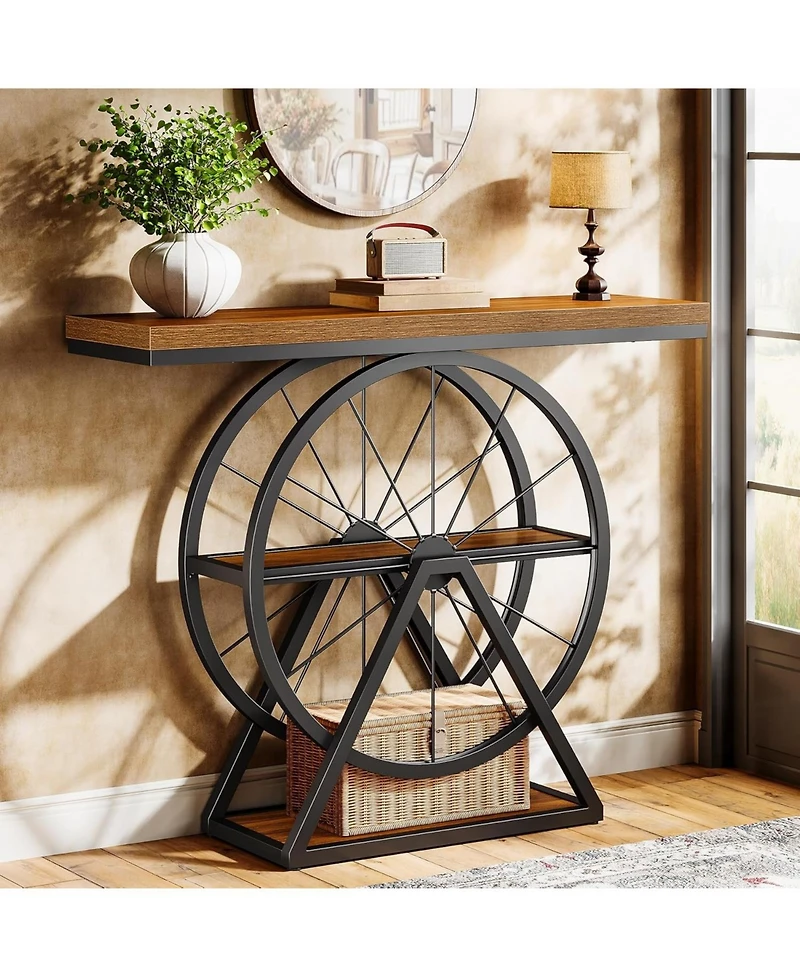 Tribesigns Industrial 3-Tier Console Table, 39.4" Sofa Table Entryway Table with Fixed Wheel Base, Narrow Wood Accent Tables