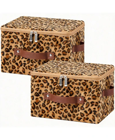 Yigii Leopard Print Storage Bins with Zipper Lid, Pu Leather Handles, Pp Plastic Board, Foldable, Washable, small-2
