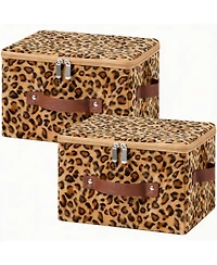 Yigii Leopard Print Storage Bins with Zipper Lid, Pu Leather Handles, Pp Plastic Board, Foldable, Washable, small-2