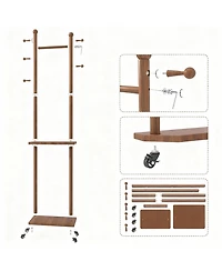 Yigii Solid Wood Walnut Coat Rack with Wheels & Shelves for Home