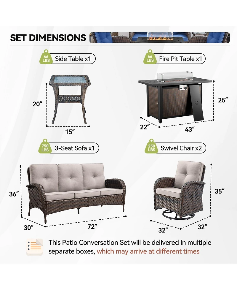 Gymojoy 5-Piece Brown Wicker Fire Pit Conversation Set with Olefin Cushions and Patio Swivel Chairs
