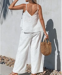 Cupshe Women's V-Neck Eyelet Embroidered Wide-Leg Matching Sets