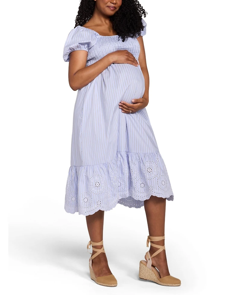 Motherhood Maternity Smocked Bodice with Puff Sleeves Midi Dress