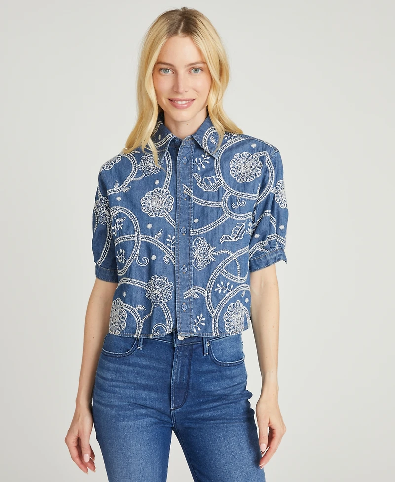 Driftwood Women's Faye Embroidered Denim Cropped Shirt