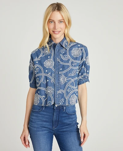 Driftwood Women's Faye Embroidered Denim Cropped Shirt