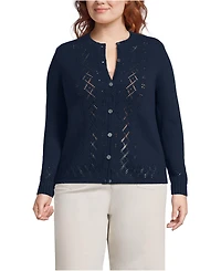Lands' End Plus Pointelle Crew Neck Cardigan Sweater