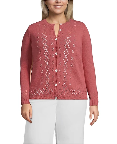 Lands' End Plus Pointelle Crew Neck Cardigan Sweater
