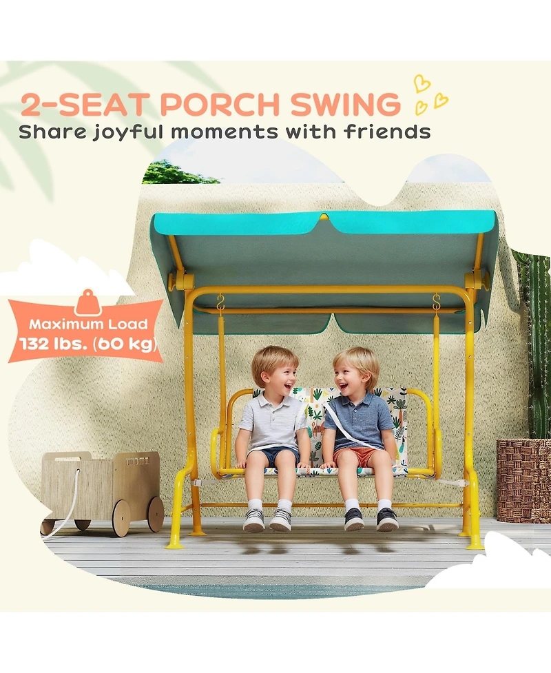 Qaba Kids 2-Seater Porch Swing with Seat Belts, Adjustable Canopy