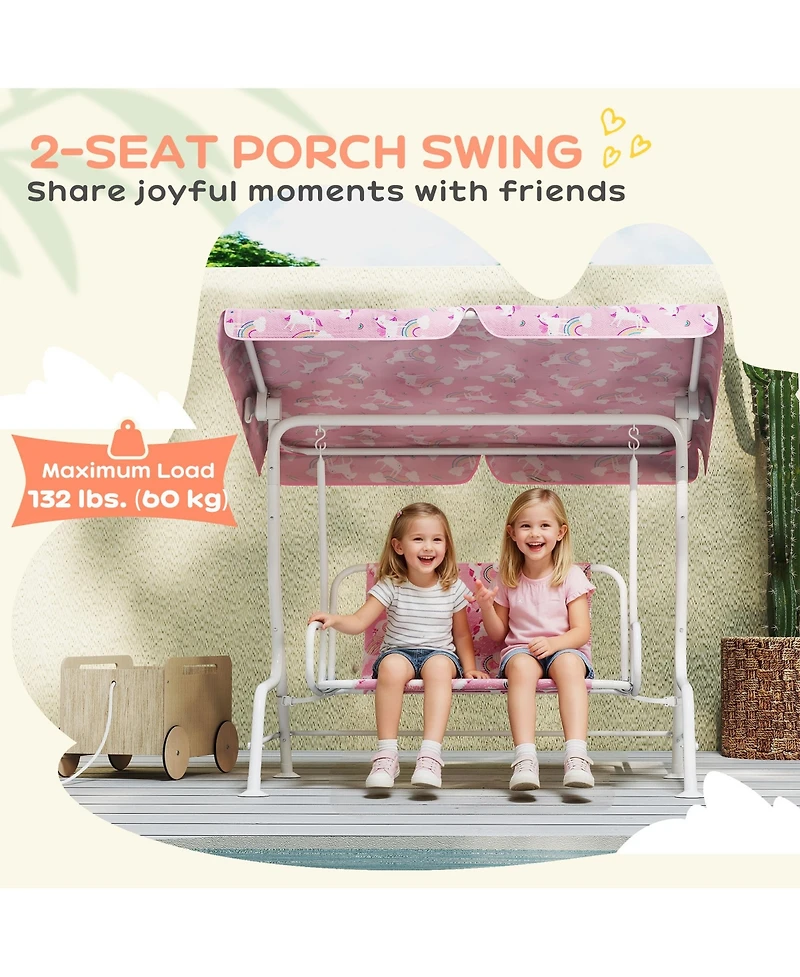 Qaba Kids Porch Swing with 2-Seater, Safety Belts, Adjustable Canopy