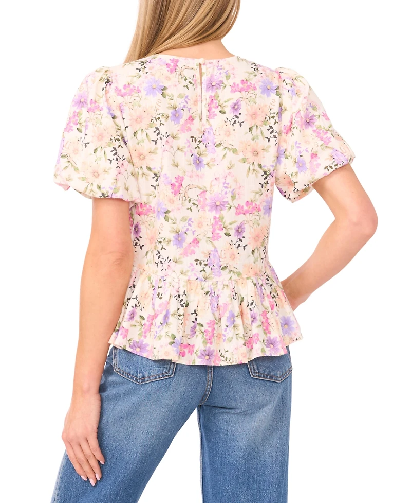 CeCe Women's Puff Sleeves Shirred Crew Neck Peplum Top