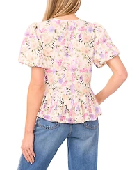 CeCe Women's Puff Sleeves Shirred Crew Neck Peplum Top