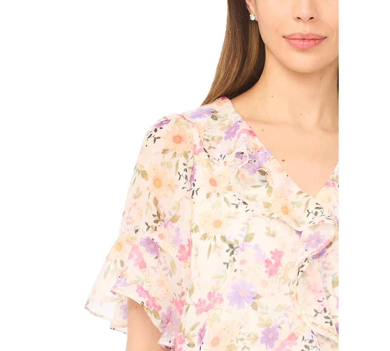 CeCe Women's Flutter Sleeves Ruffle V-Neck Top