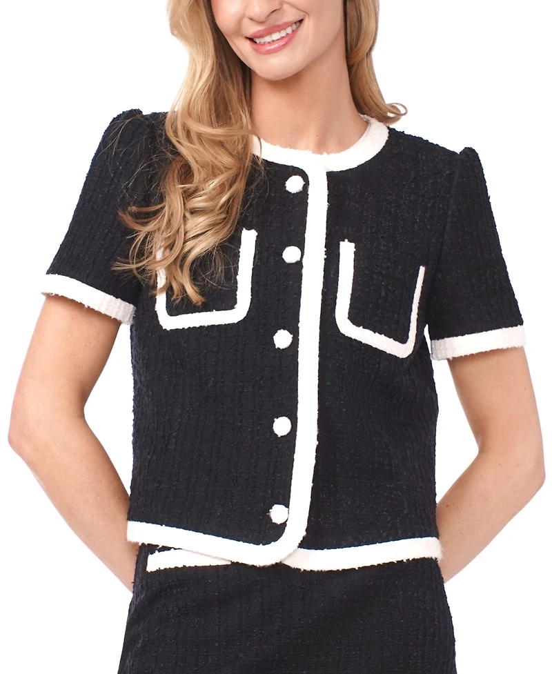 CeCe Women's Puff Sleeves Contrast Binding Crew Neck Jacket