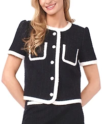 CeCe Women's Puff Sleeves Contrast Binding Crew Neck Jacket