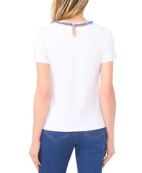 CeCe Women's Denim Chain Crew Neck Trim T-Shirt