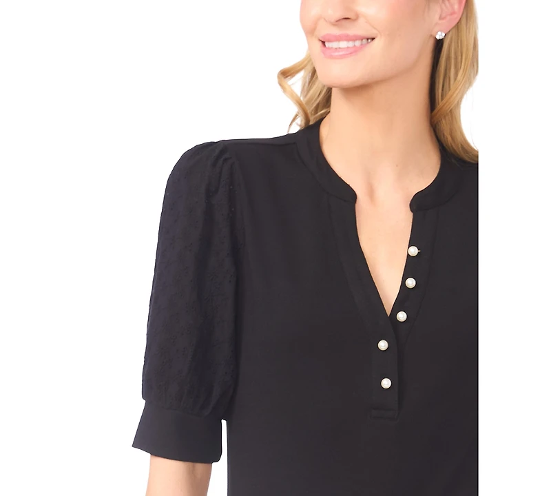 CeCe Women's Half-Placket Detail Puff Sleeves Top