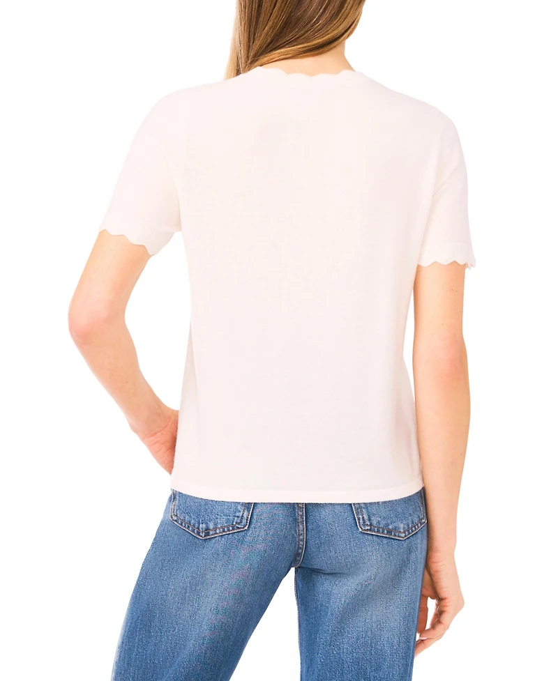 CeCe Women's Scalloped Crew Neck Pull-On Sweater