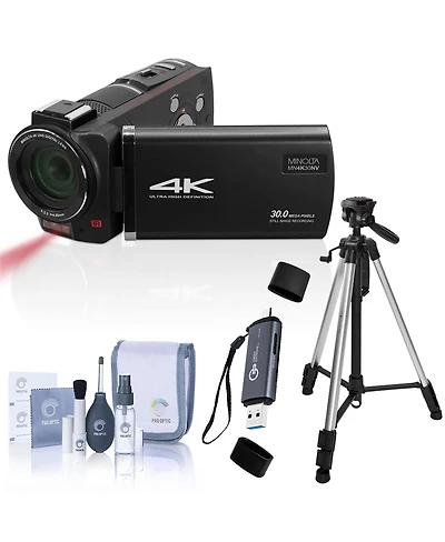 Minolta MN4K Collection 4K Ultra Hd 30MP Night Vision Camcorder with 4.88mm f/2.2 Lens + Aluminum 3 Section Tripod Set