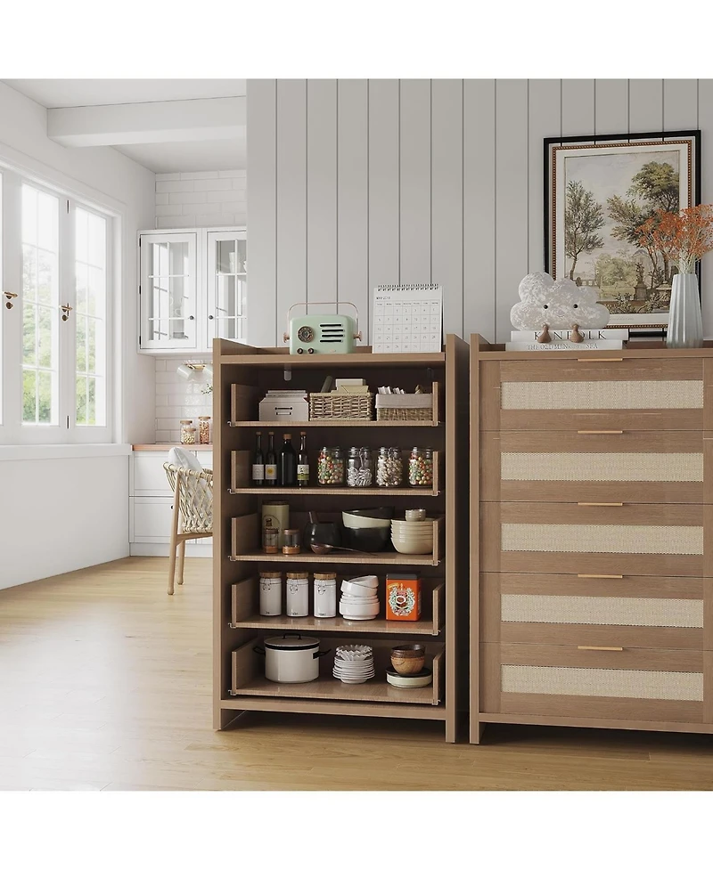 gaomon 5 Drawer Dresser for Bedroom, Wooden Entryway Rattan Chest of Drawers Large Clothes Storage Cabinet Boho Night Stand for Living Room