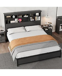 gaomon Queen Size Bed Frame with Bookcase Headboard, 2-Tier Storage Platform, Usb Charging Station, No Box Spring, Easy Assembly