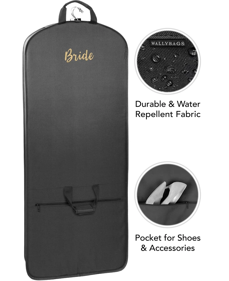 WallyBags 60" Premium Tri-Fold Travel Garment Bag with Pocket and Bride Embroidery - Black