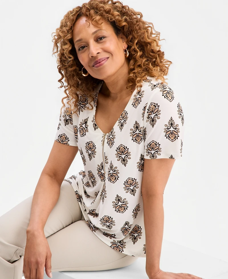 Jm Collection Women's Printed V-Neck Front-Zip Pleated Top, Macy's Exclusive