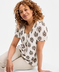 Jm Collection Women's Printed V-Neck Front-Zip Pleated Top, Macy's Exclusive