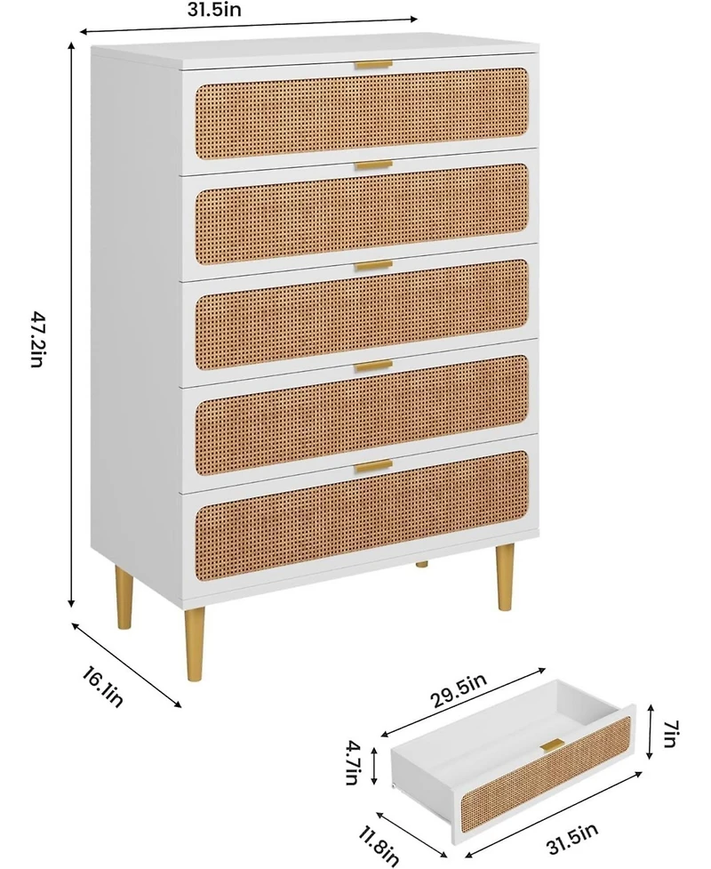 gaomon Rattan 5 Drawer Dresser for Bedroom, Chest of Drawers with Deep Drawers, Large Double Dresser for Closet with Wide Top