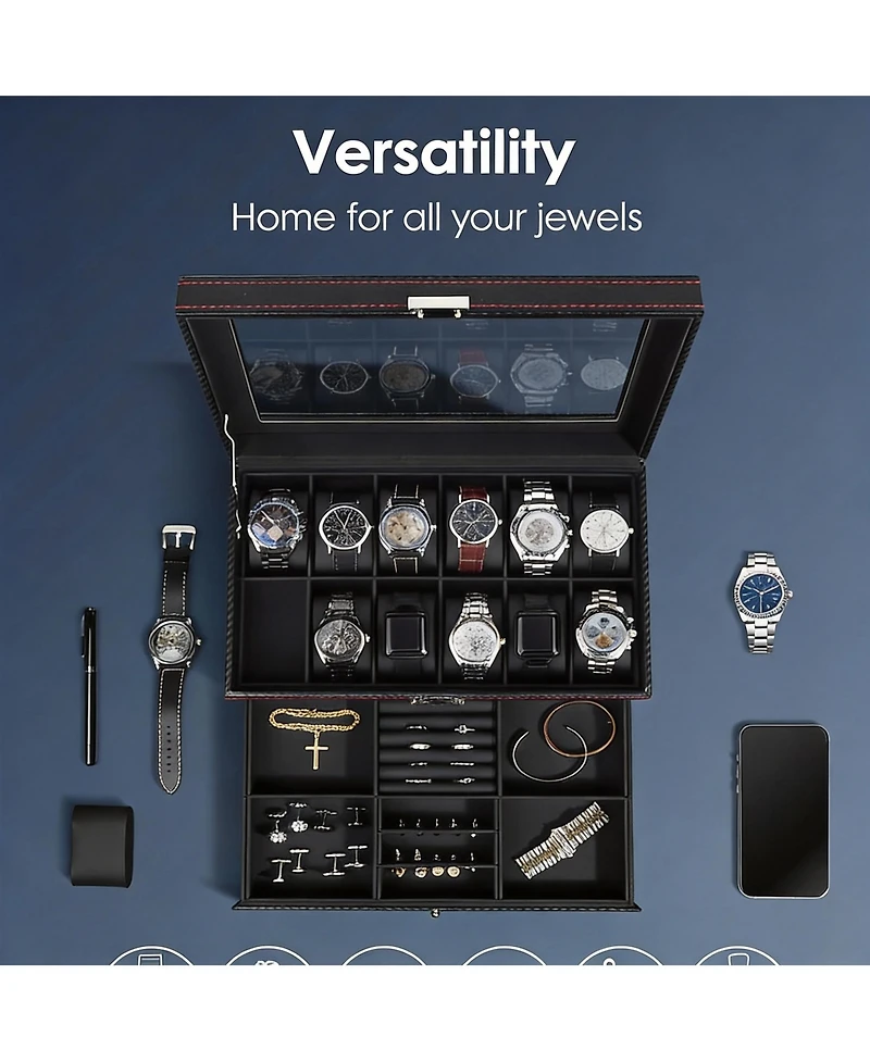 Yigii Premium Leather Watch & Jewelry Organizer with Glass Lid