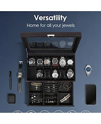 Yigii Premium Leather Watch & Jewelry Organizer with Glass Lid