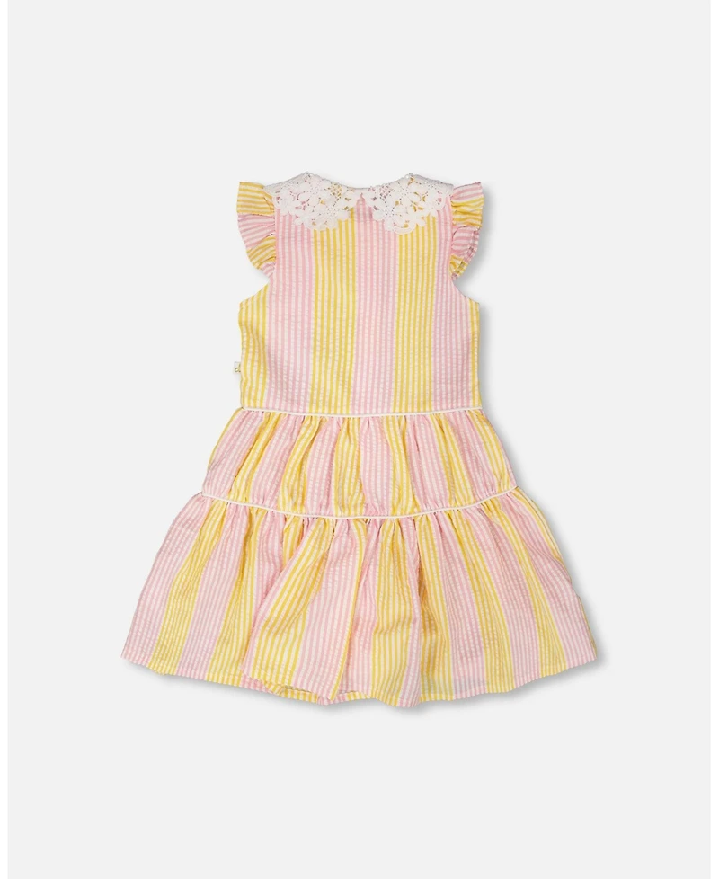 Deux par Big Girls Sleeveless Dress with Crochet Peter Pan Collar Pink and Yellow Stripes