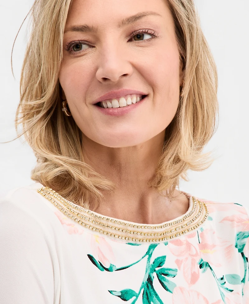 Jm Collection Women's Printed Embellished 3/4-Sleeve Boat-Neck Top, Macy's Exclusive